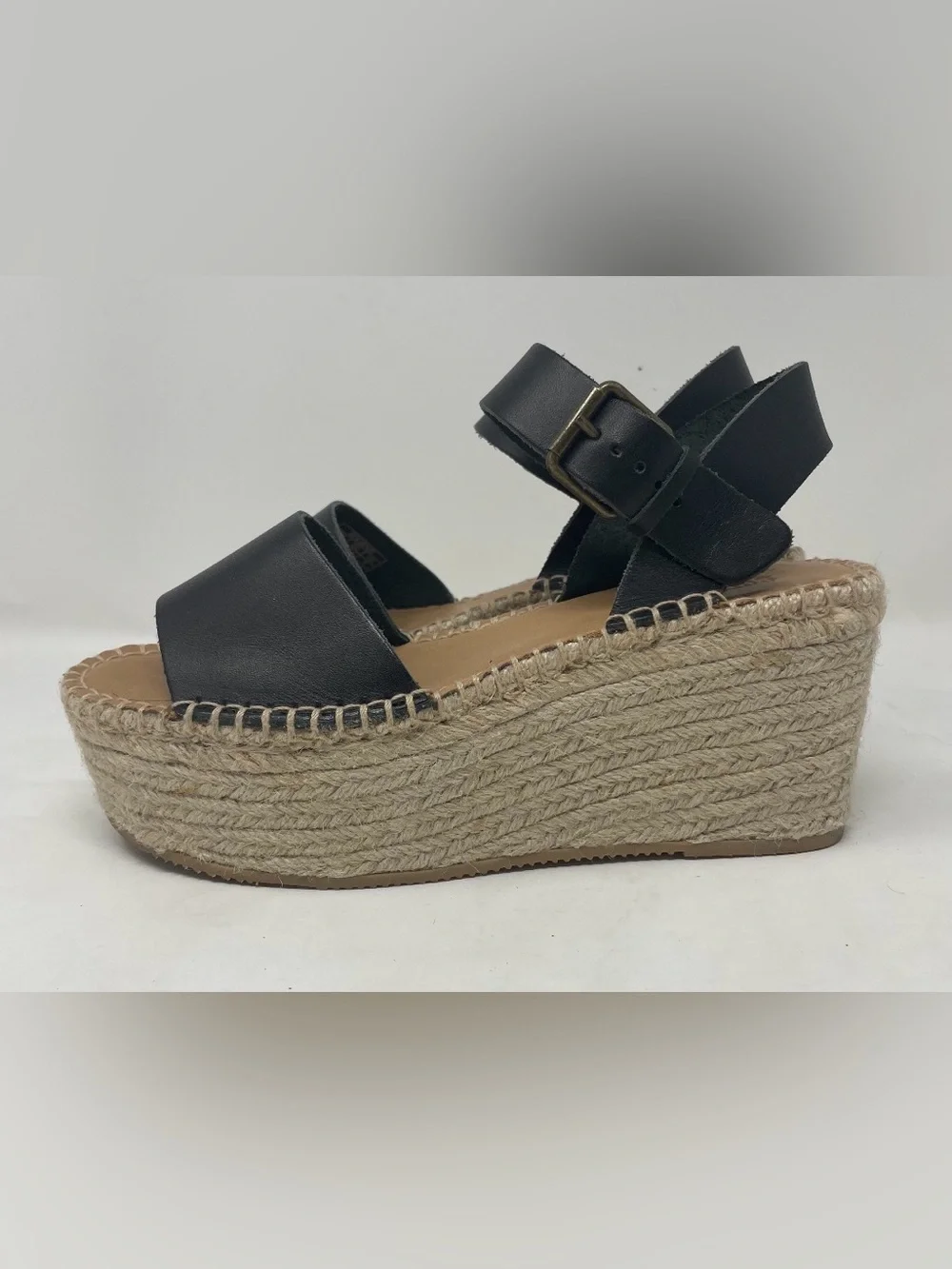 Soludos Women leather Black Espadrille Wedge Sandals with Ankle Buckle Size 7